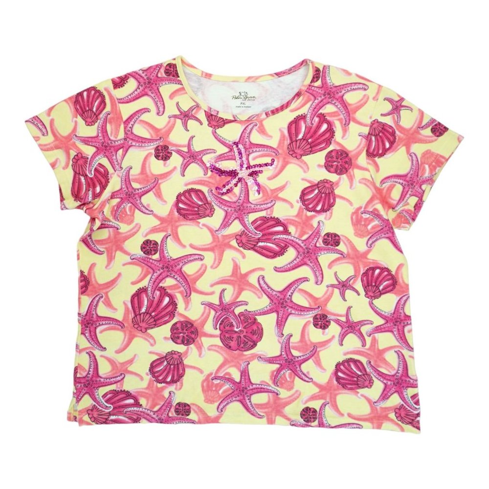 PALM GROVE KNIT TOP SHIRT‎ SIZE PXL PETITES PINK YELLOW STARFISH SHELLS SEQUINS